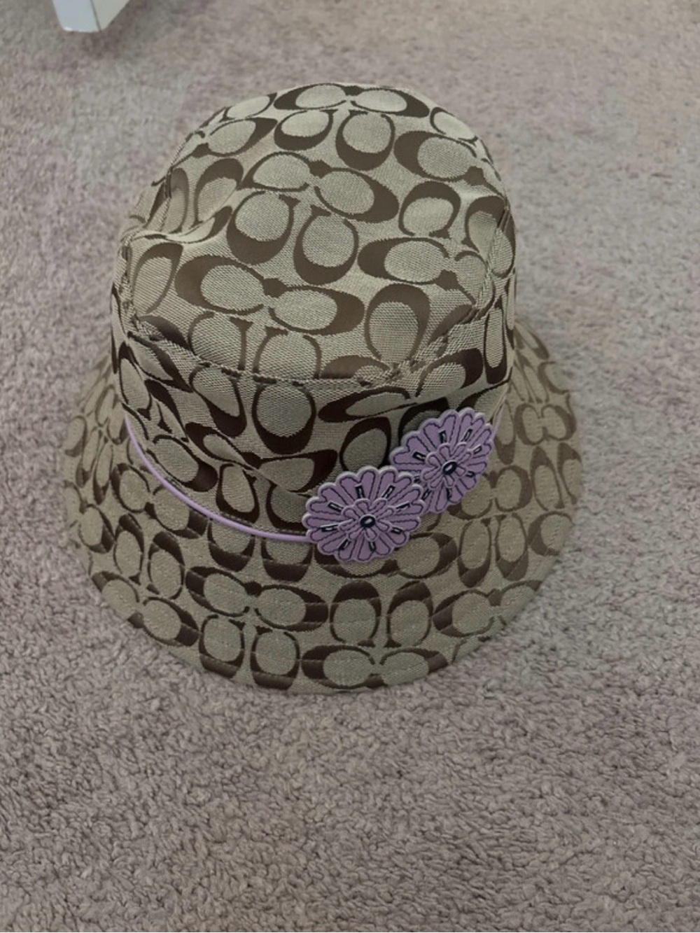 Coach Beige & Brown Logo Bucket Hat with Lilac Floral Trim